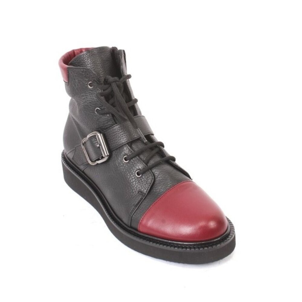 Isabelle 706c Black Burgundy Leather Lace-Up Zip Wedge Ankle Boots